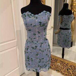 Chic‎ Blue Embroidered hand beaded bustier top and skirt set.
